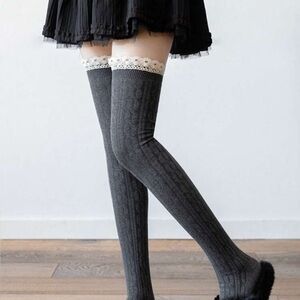 Knee High Lace-Trim Cable Knit Socks - Dark Gray